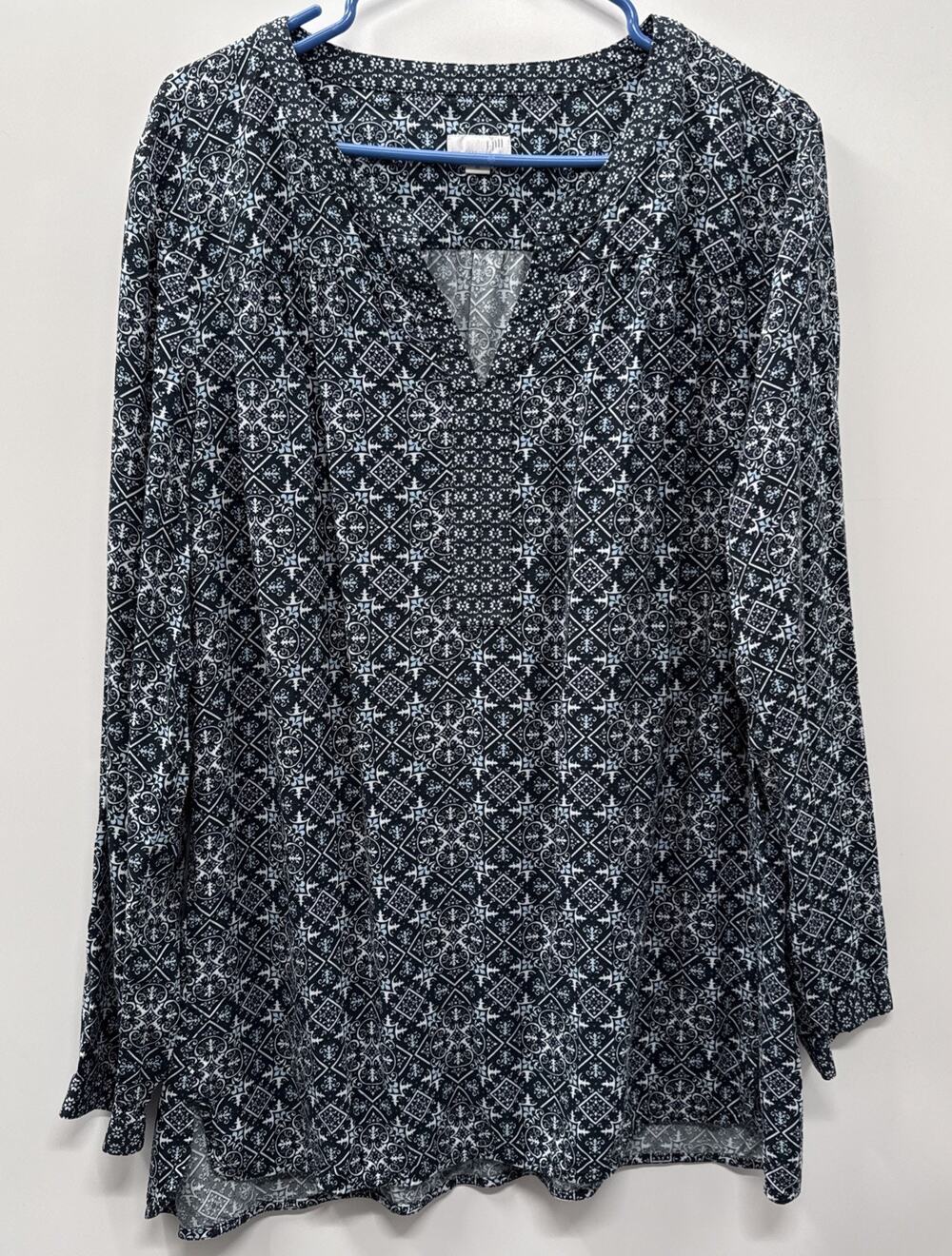 J. Jill Blue Geometric Rayon Tunic Split Neck Long Sleeve Top Women’s Size XL